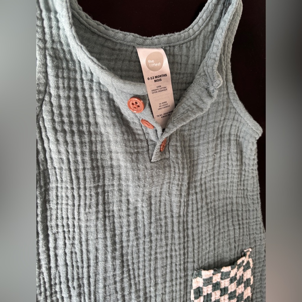 Teal Textured Baby Romper with Checkered Pockets - Picture 2 of 4
